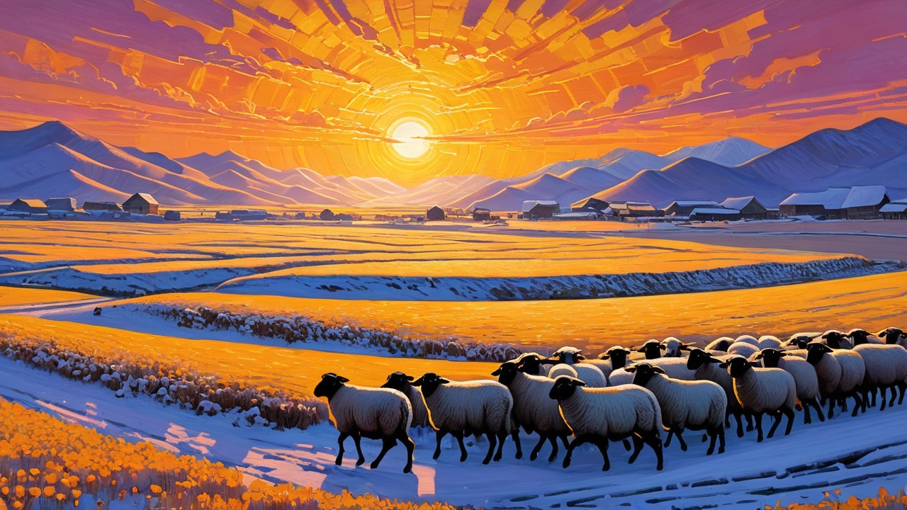 Panoramic Digital Painting of Sheep in Snowy Field
