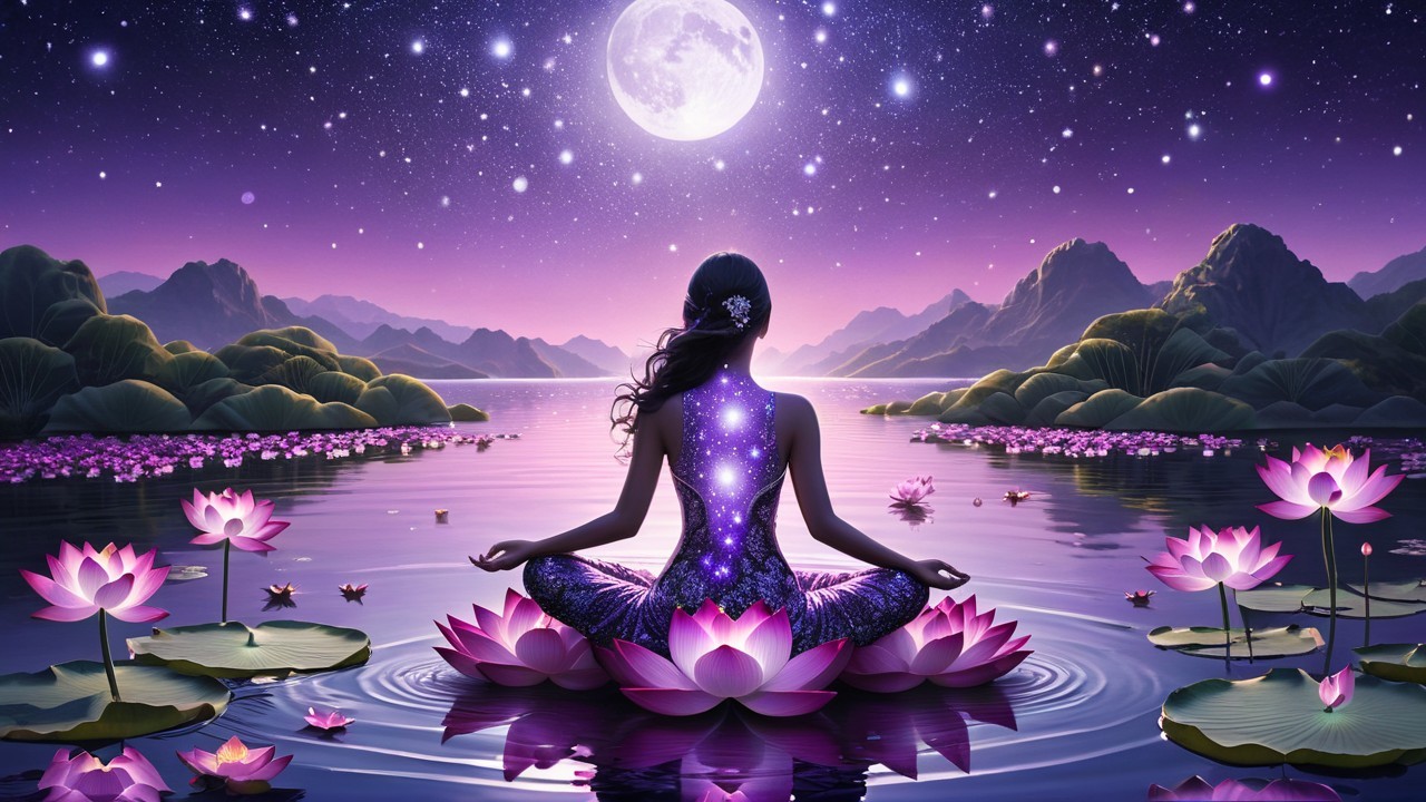 Serene Figure on Lotus Flowers Under Full Moon