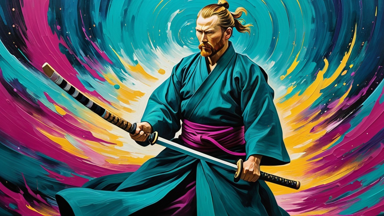Samurai in Teal Kimono with Katana and Colorful Background