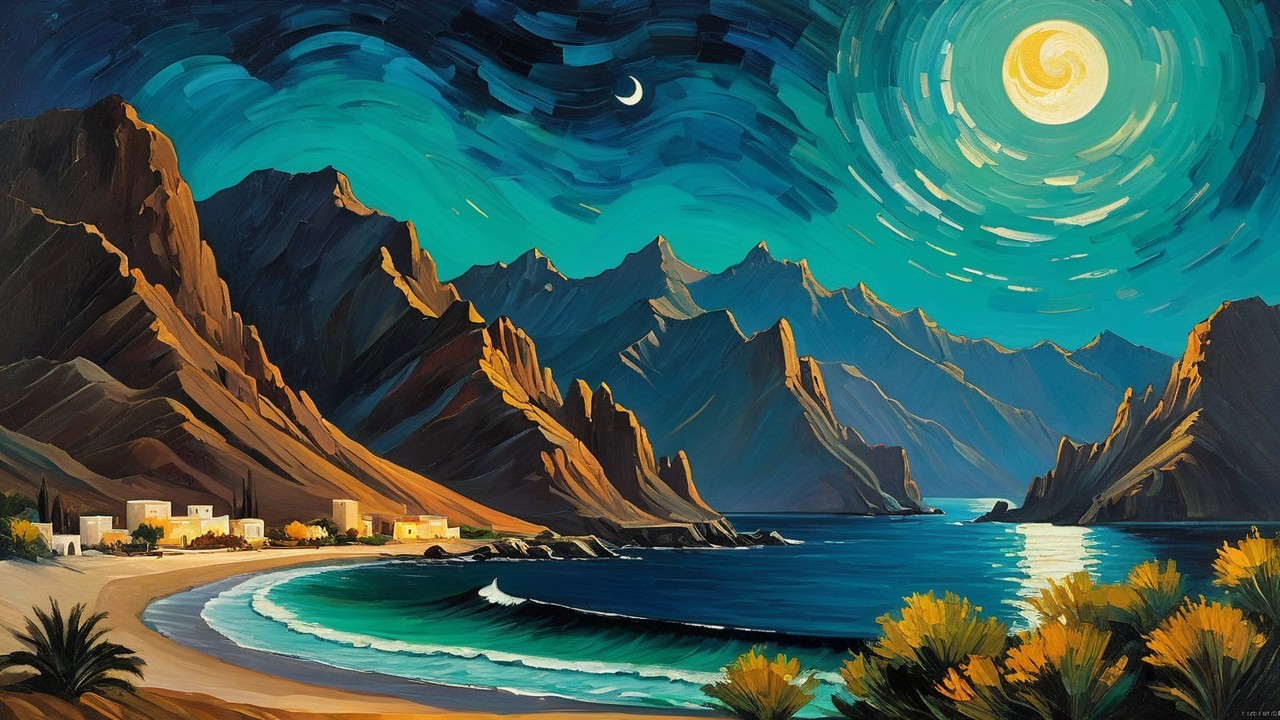 Vibrant landscape with moons over mountainous coastline