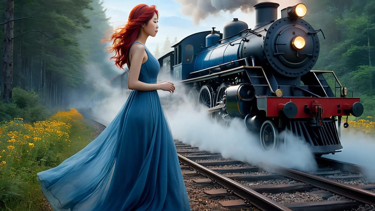 Young Woman in Blue Dress Beside Vintage Steam Train