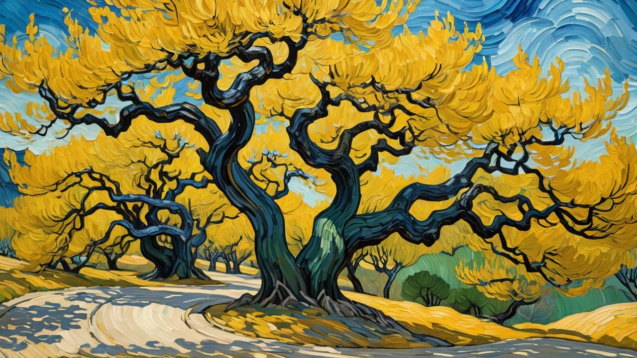 Vibrant Landscape with Twisting Trees and Blue Sky