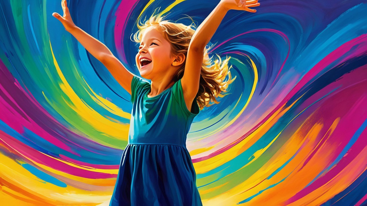 Young girl dancing in a colorful, joyful scene