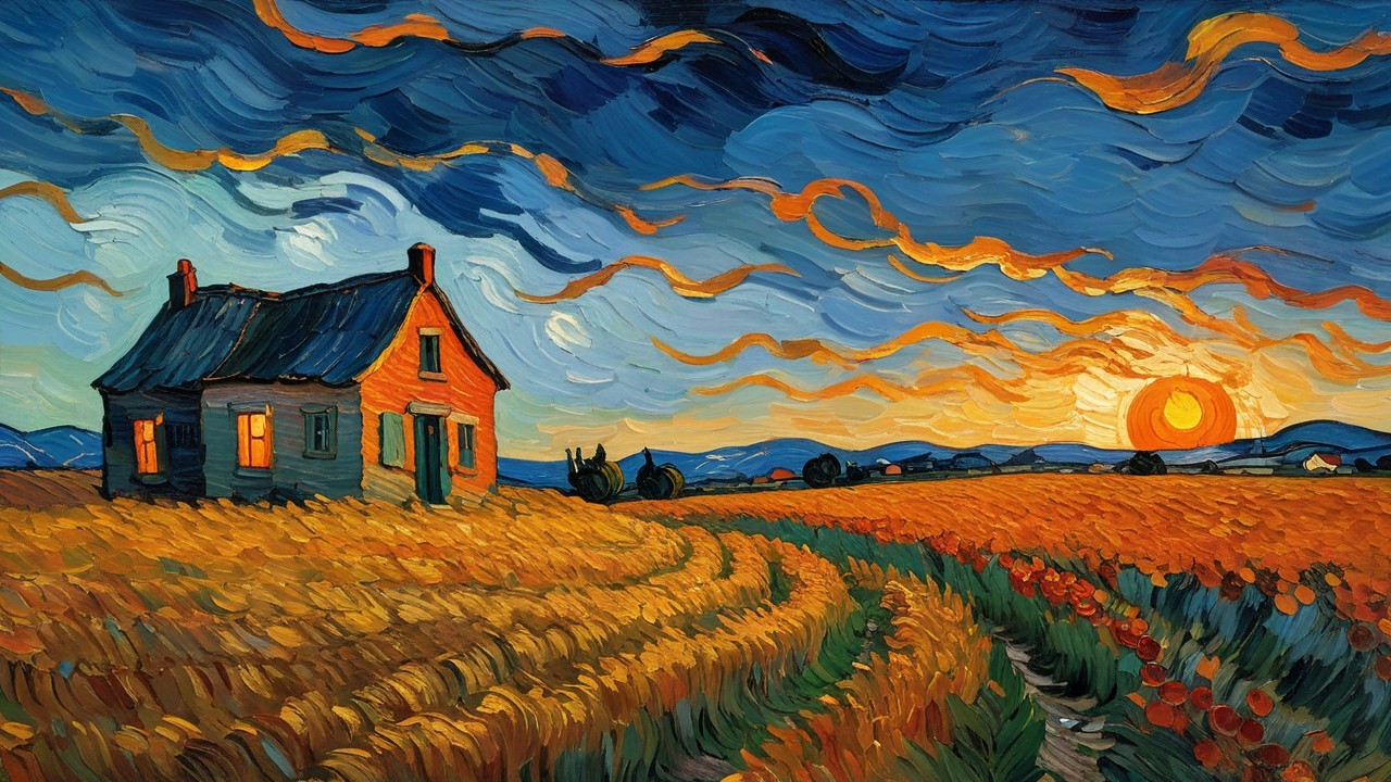 Vibrant Landscape with Rustic House and Golden Fields