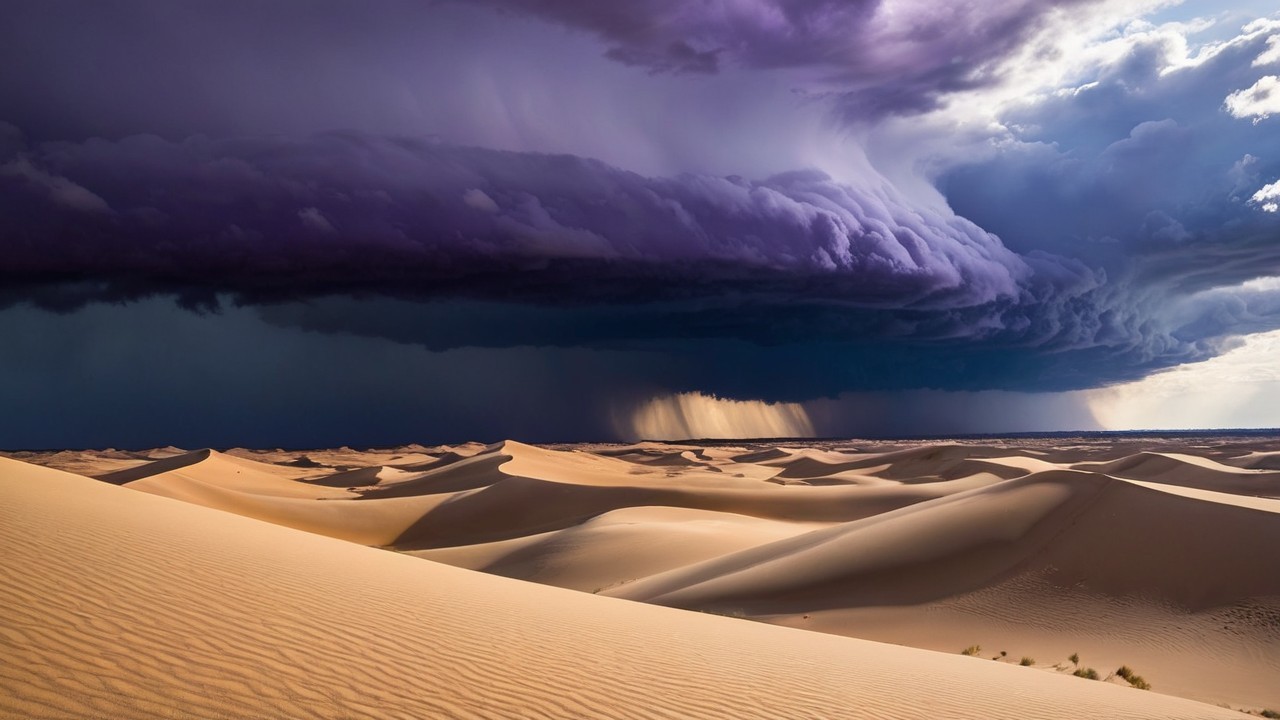 Dramatic Desert Landscape with Sand Dunes and Stormy Sky