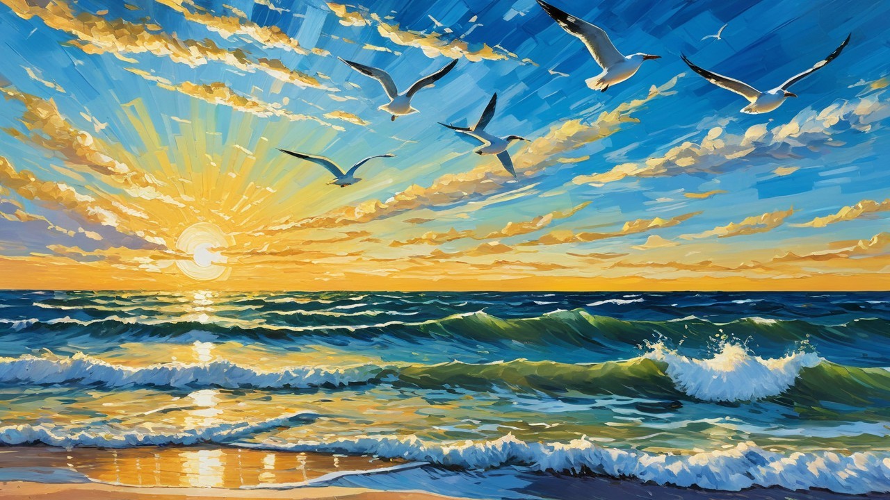Vibrant Sunset Seascape with Gentle Waves and Seagulls