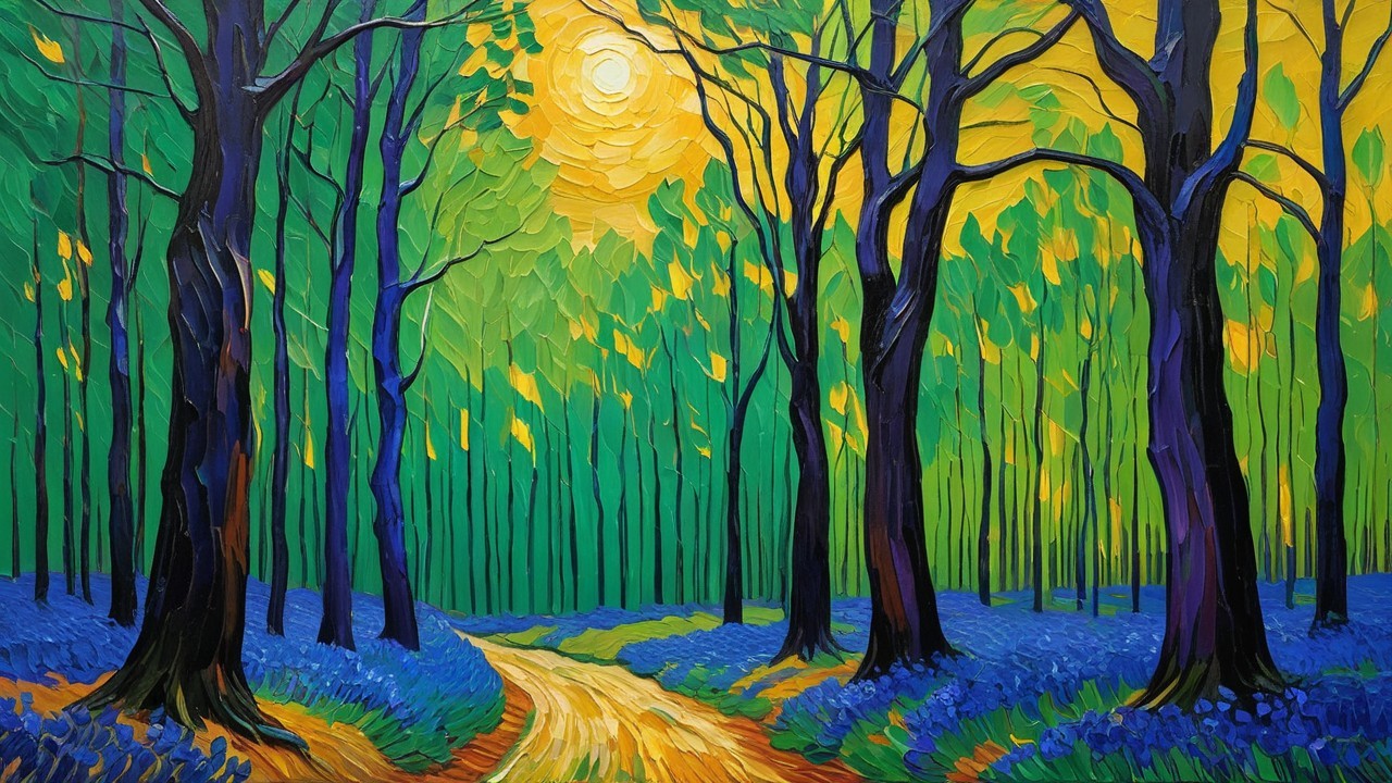 Vibrant Expressionist Forest Path with Colorful Flowers