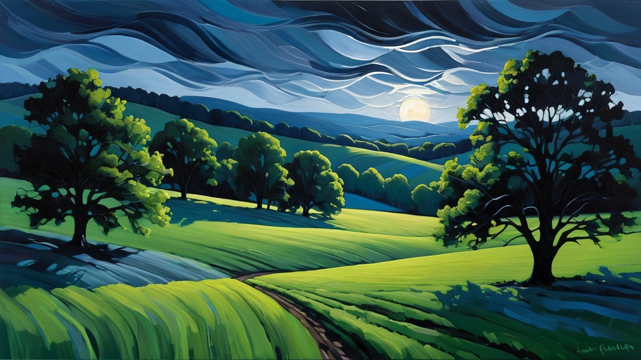 Vibrant Landscape with Rolling Hills and Dynamic Sky
