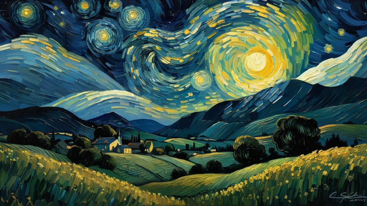 Vibrant Night Sky with Moon and Rolling Hills