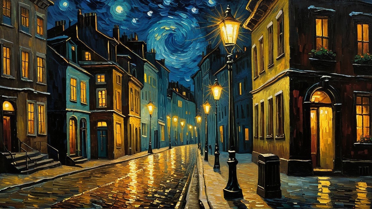 Charming Nighttime Cobblestone Street Scene