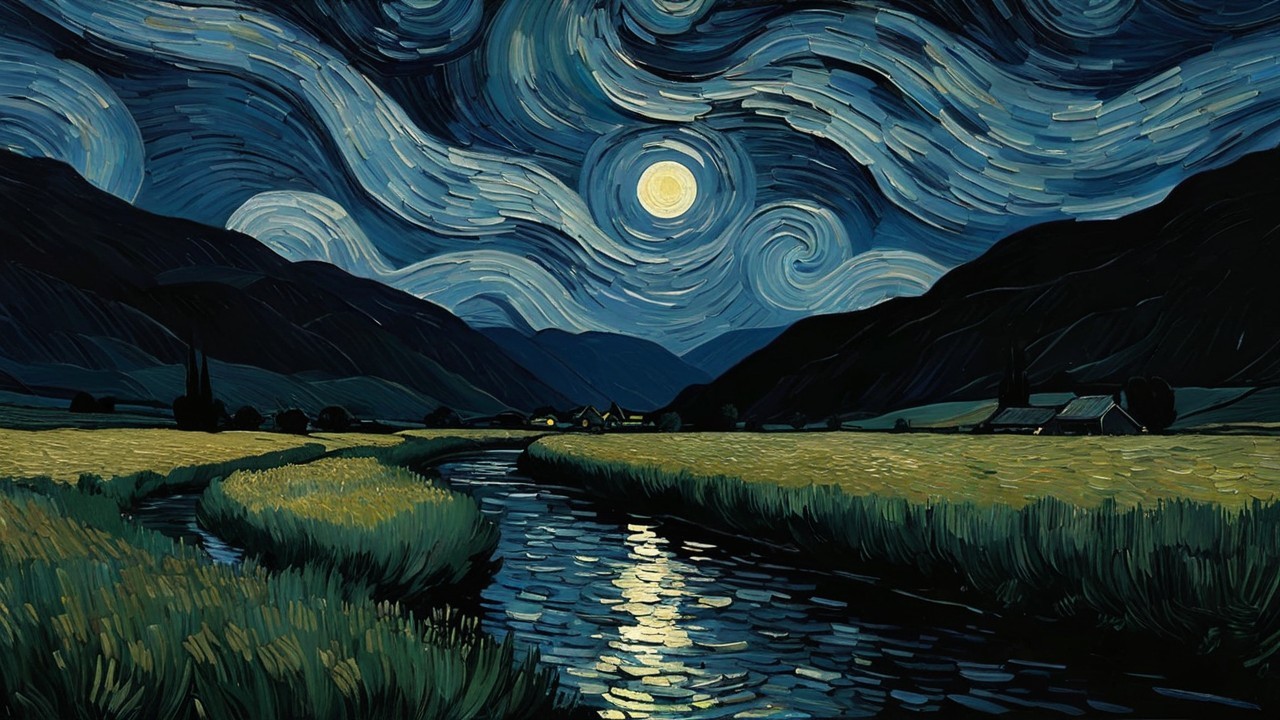 Serene Landscape with Rolling Hills and Moonlit River
