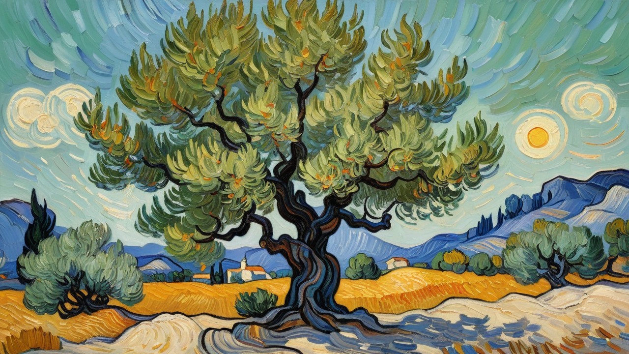 Expressionistic Landscape with Olive Tree and Fields
