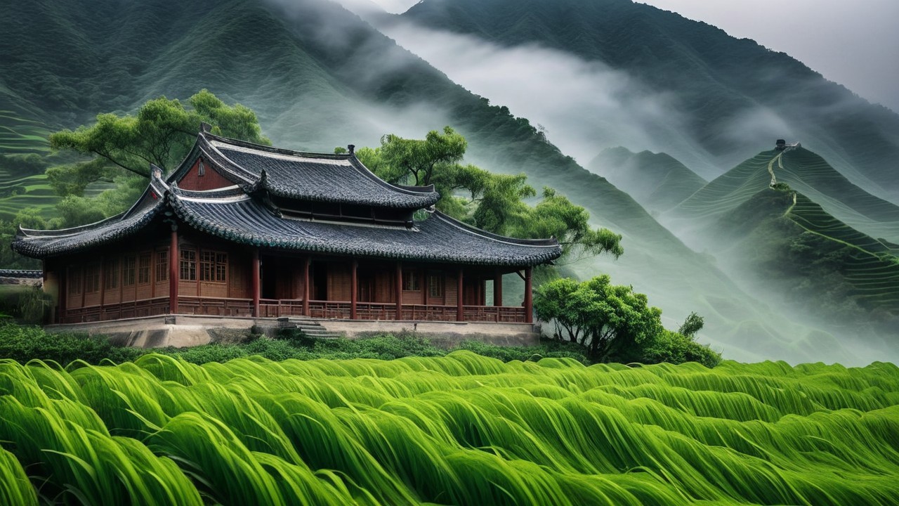 Serene Asian Landscape with Rice Terraces and Hills