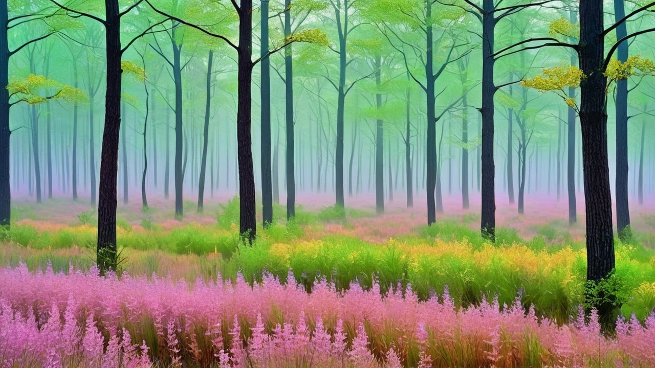 Serene misty forest with vibrant foliage and wildflowers