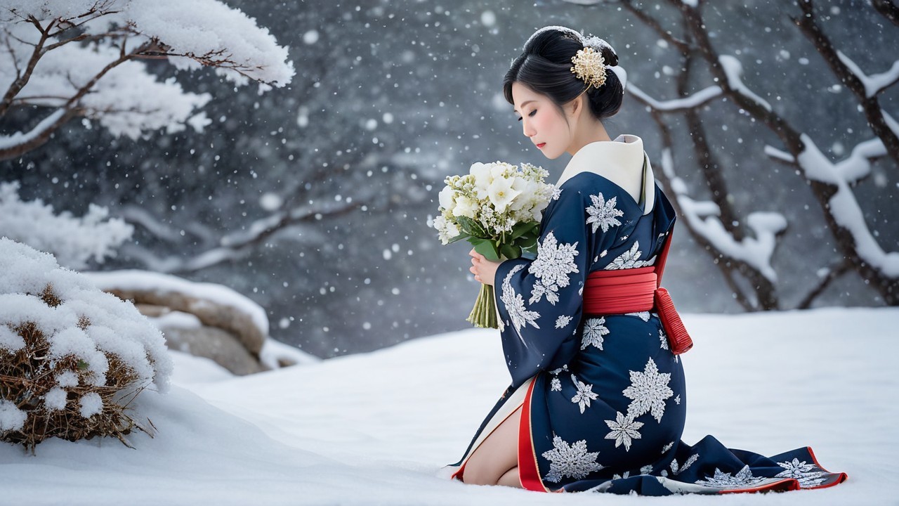 Winter Landscape with Woman in Blue Kimono and Flowers