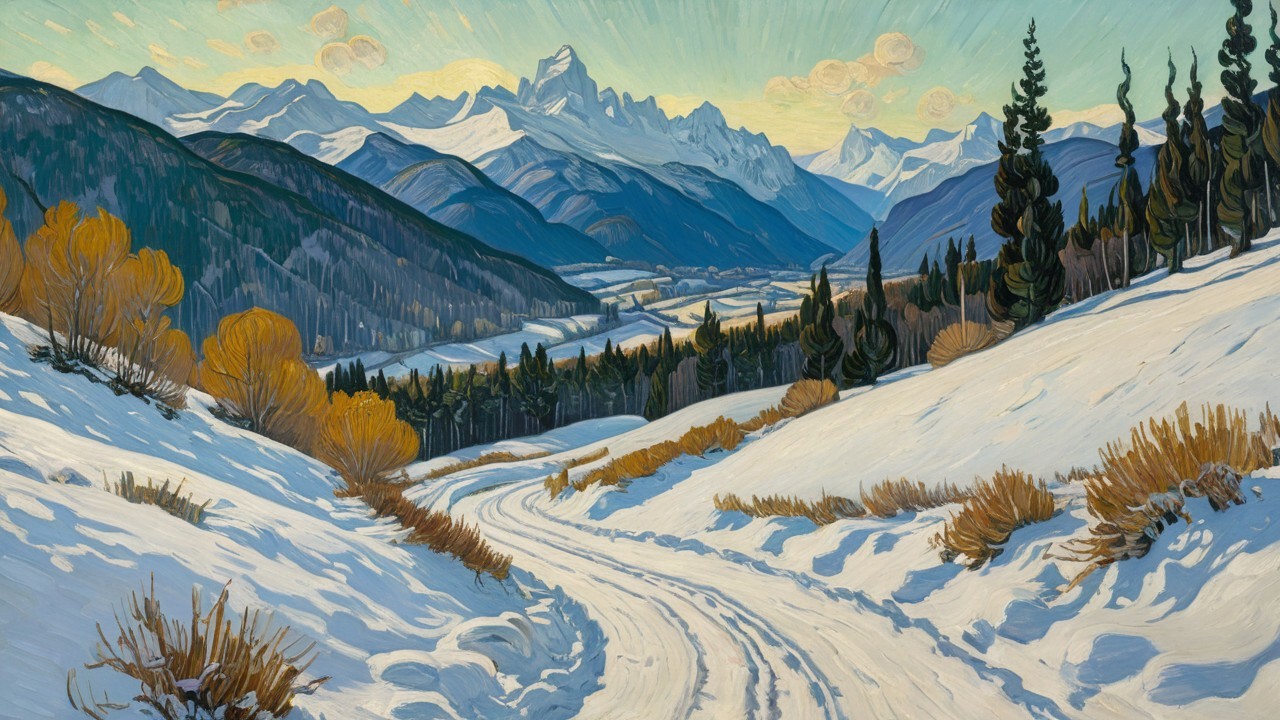 Serene Winter Landscape with Snowy Hills and Mountains