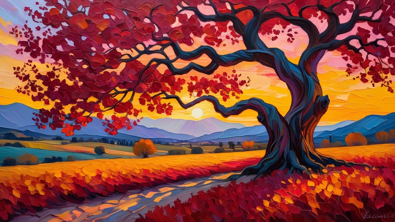 Vibrant Autumn Landscape with Gnarled Tree at Sunset