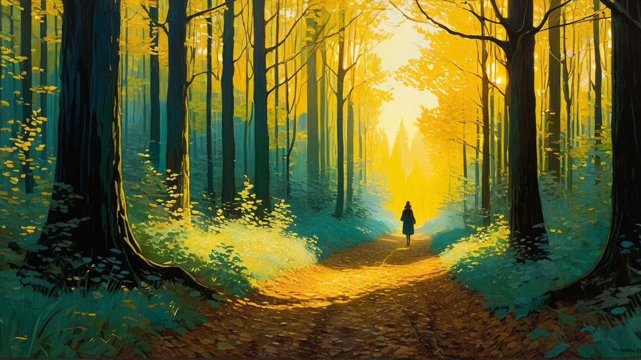 Serene Forest Path with Autumn Foliage and Light