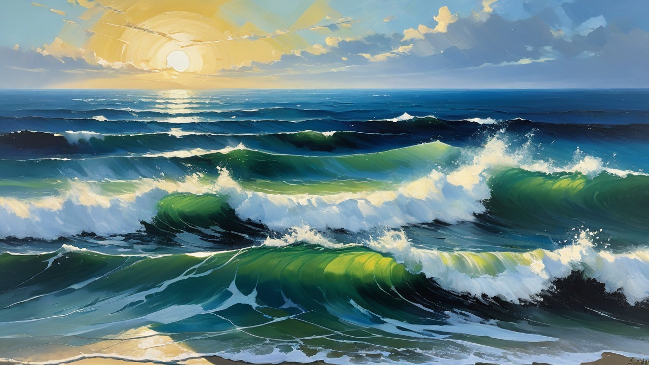 Vibrant Seascape of Sunset Over Rolling Waves