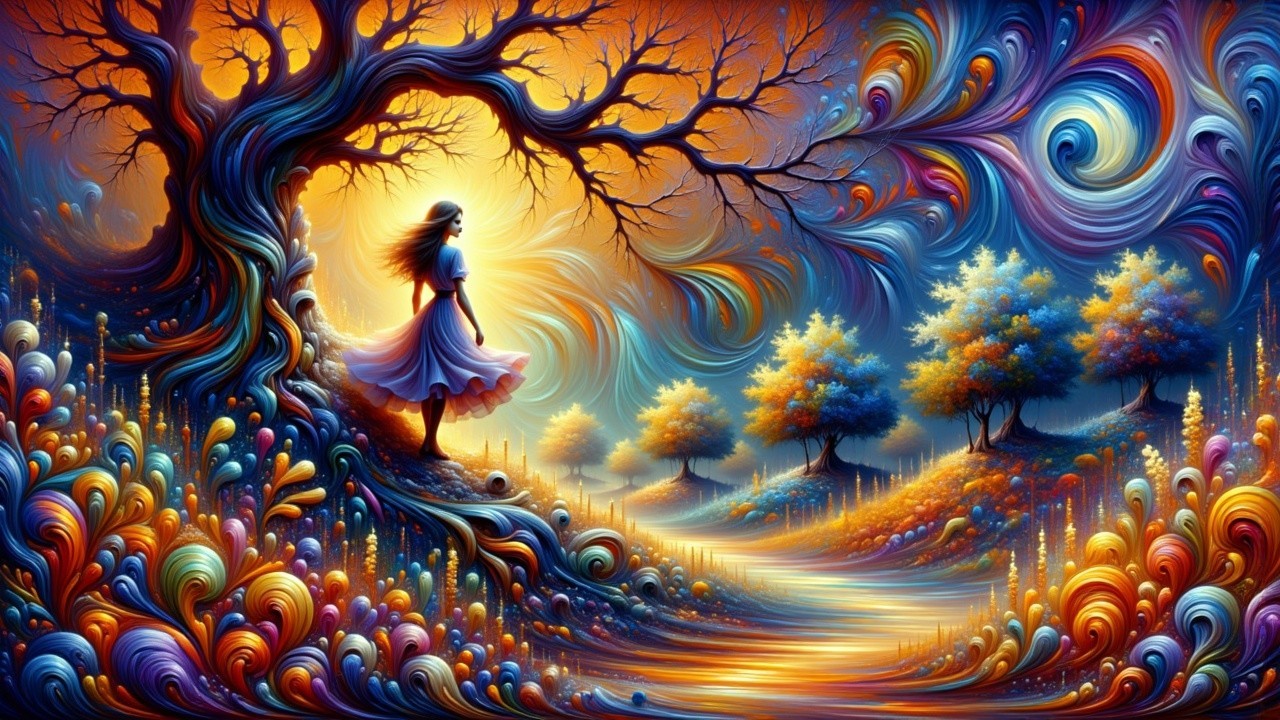 Vibrant Landscape with Whimsical Sky and Autumn Trees