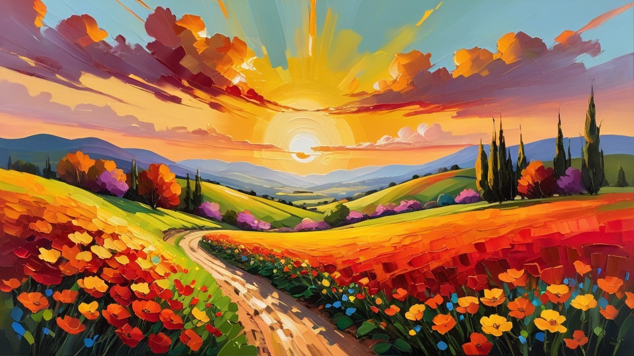 Vibrant Landscape with Hills, Flowers, and Sunset