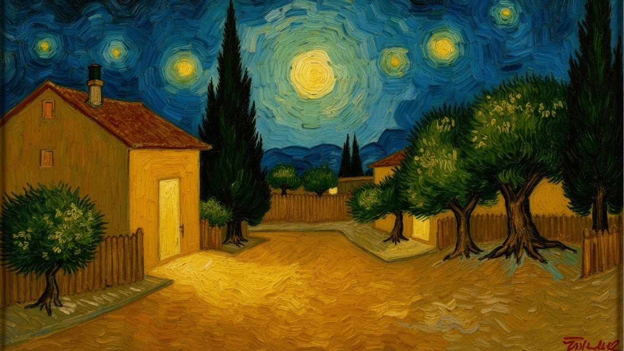 Starry Night Sky Over a Tranquil Village Scene
