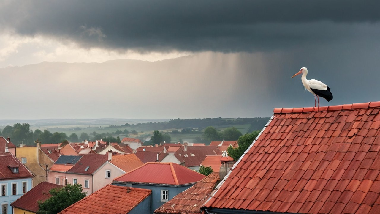 Stork on Roof Overlooking Pastel Village and Hills