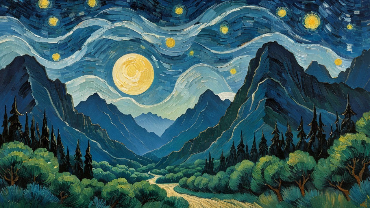 Full Moon Over Mountains with a Road in Van Gogh Style