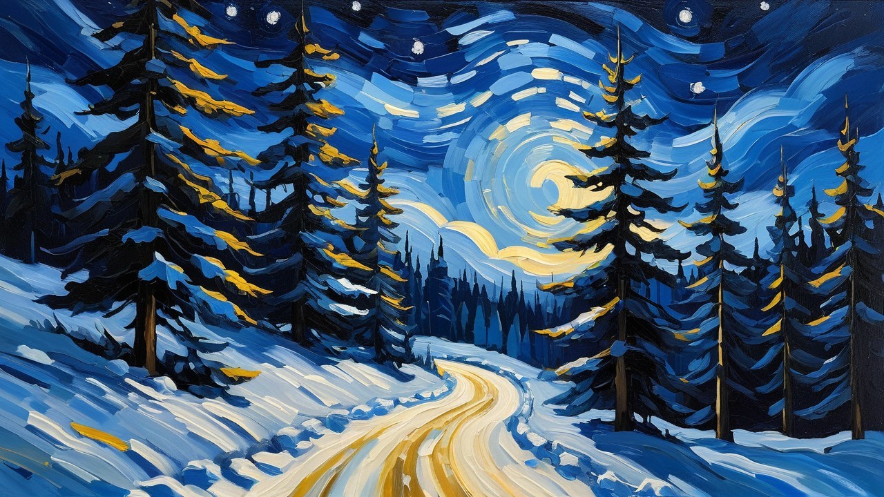 Impressionist depiction of a snowy night road scene