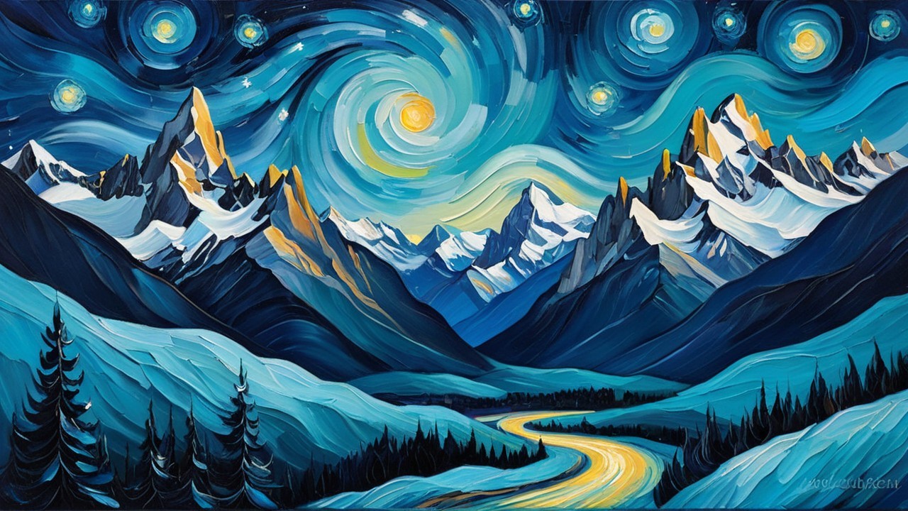 Panoramic Landscape with River and Starry Sky Elements