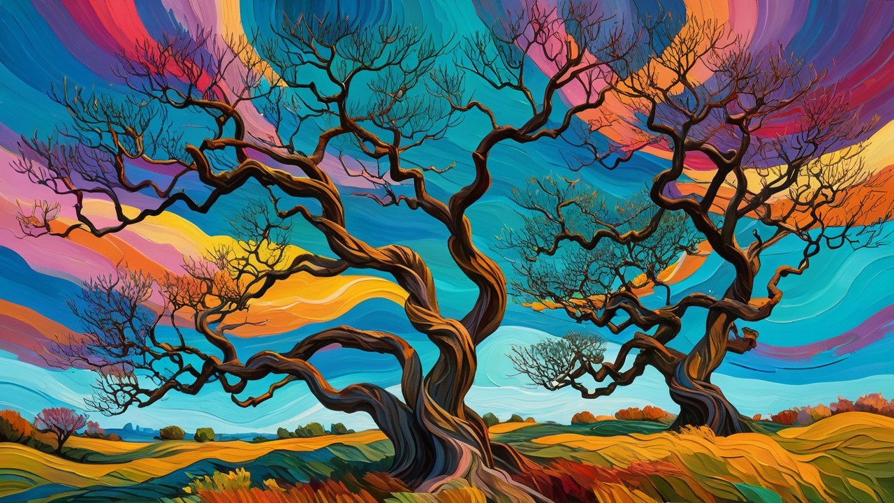 Vibrant Landscape with Twisted Trees and Sunset Sky
