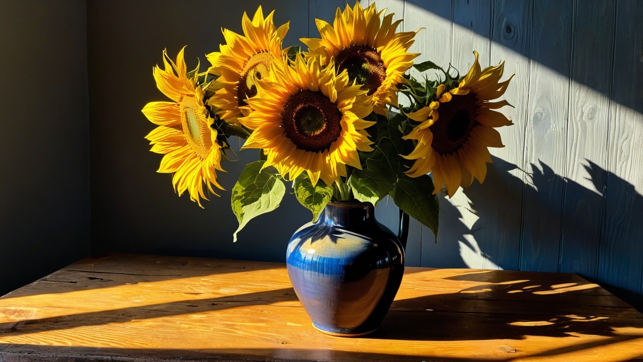 Sunflowers in a blue vase on a wooden table