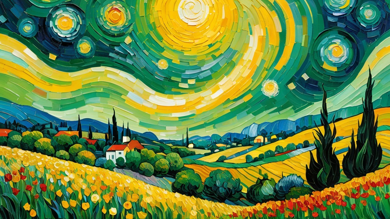 Vibrant Landscape with Rolling Hills and Colorful Flowers