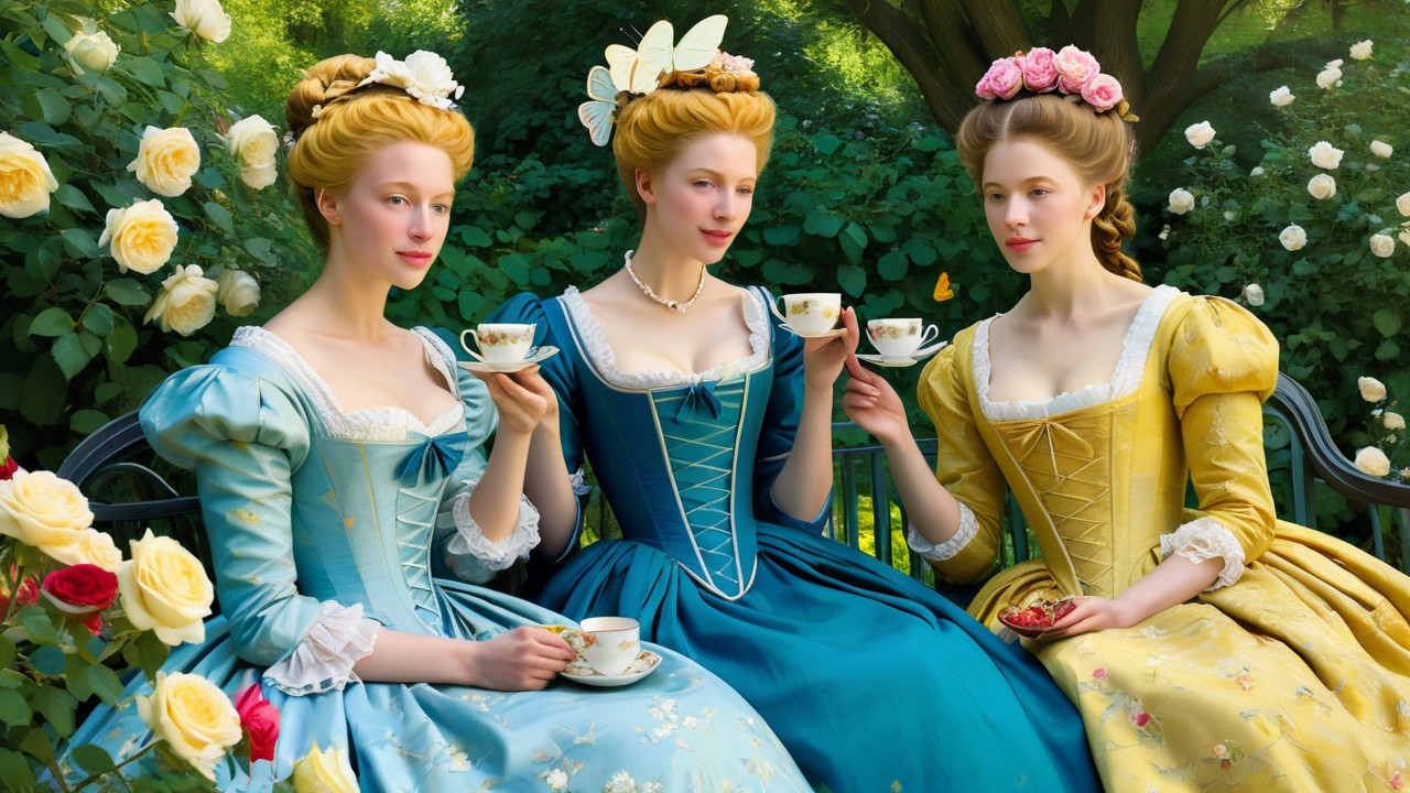 Elegant Women in Historical Gowns in Garden Setting