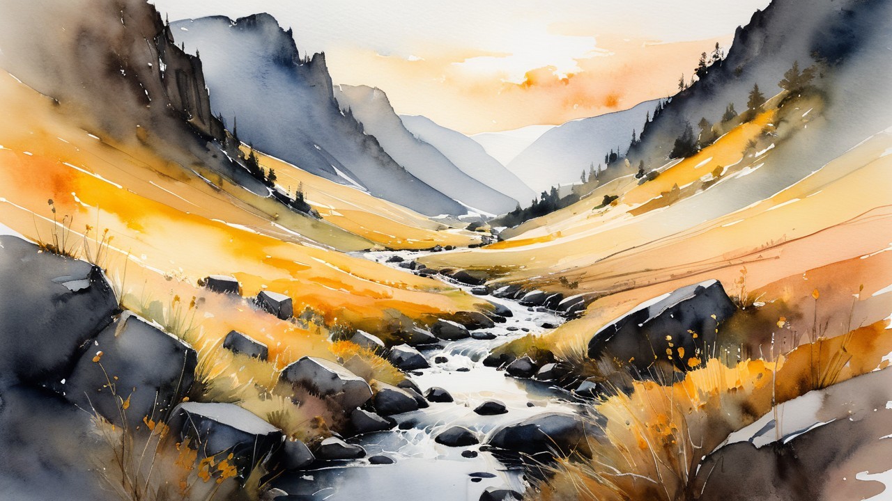 Winding Stream in a Golden Valley Landscape Scene