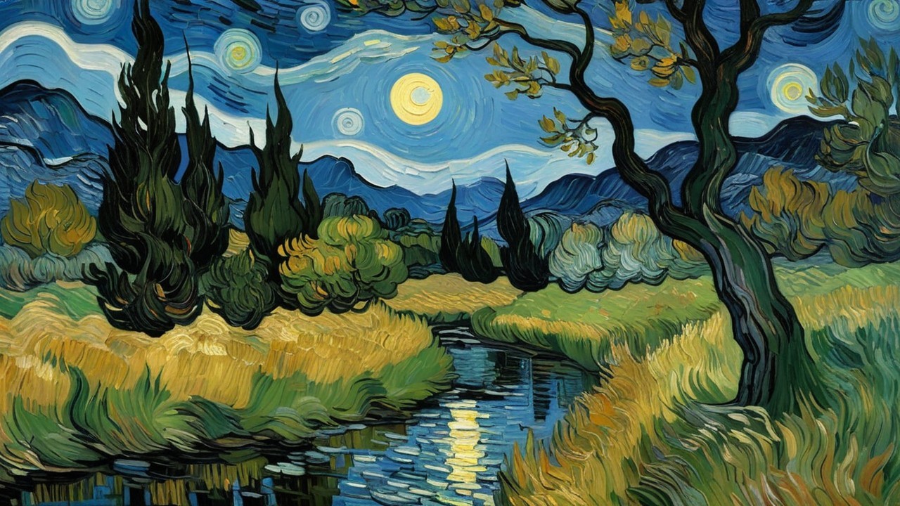 Vibrant Serene Landscape with River and Moonlight