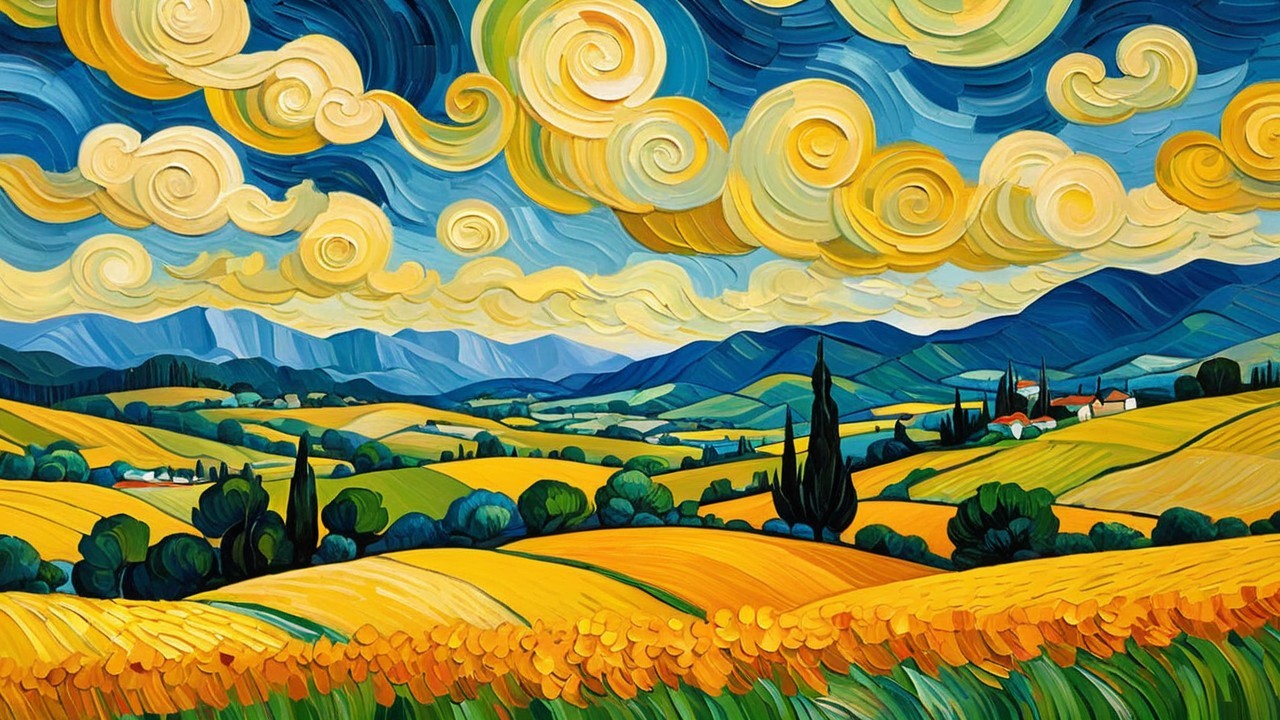 Impressionistic Painting of Tuscany Landscape with Clouds