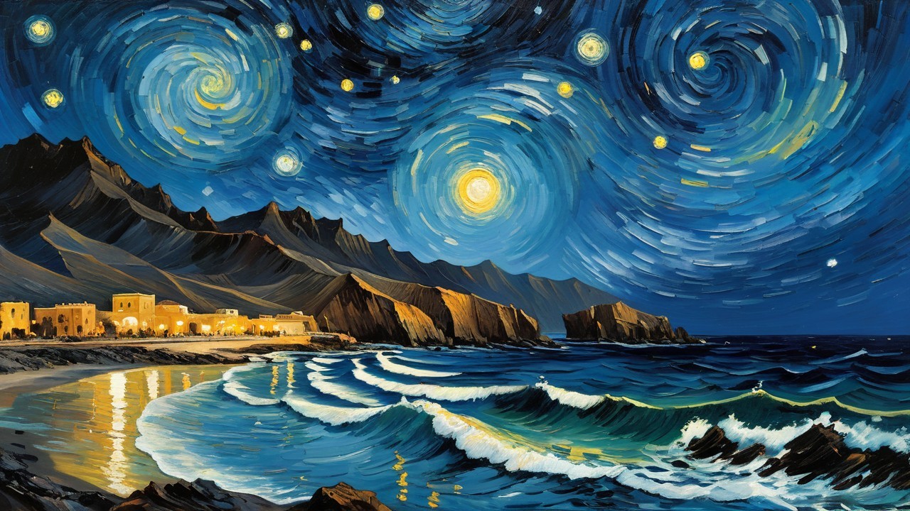 Colorful Starry Night with Mountains and Coastal Village