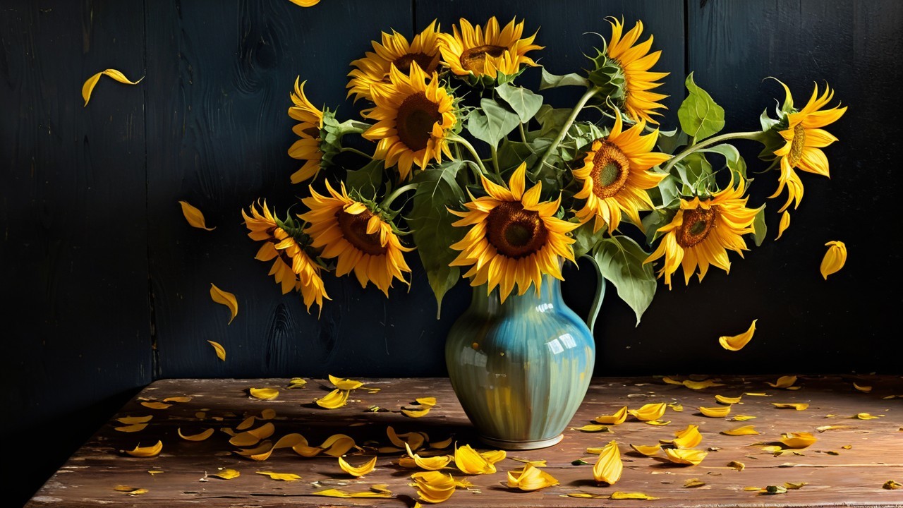 Vibrant Sunflowers in Turquoise Vase on Rustic Table