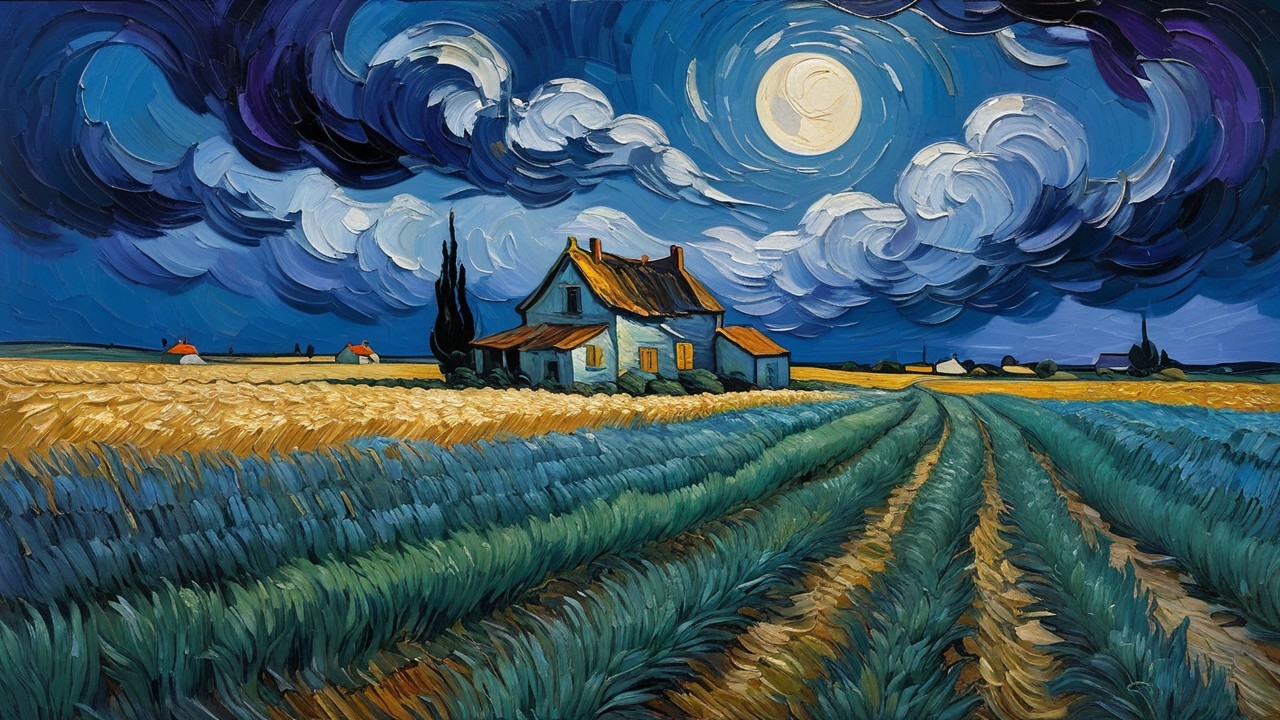 Serene rural landscape under a dramatic night sky