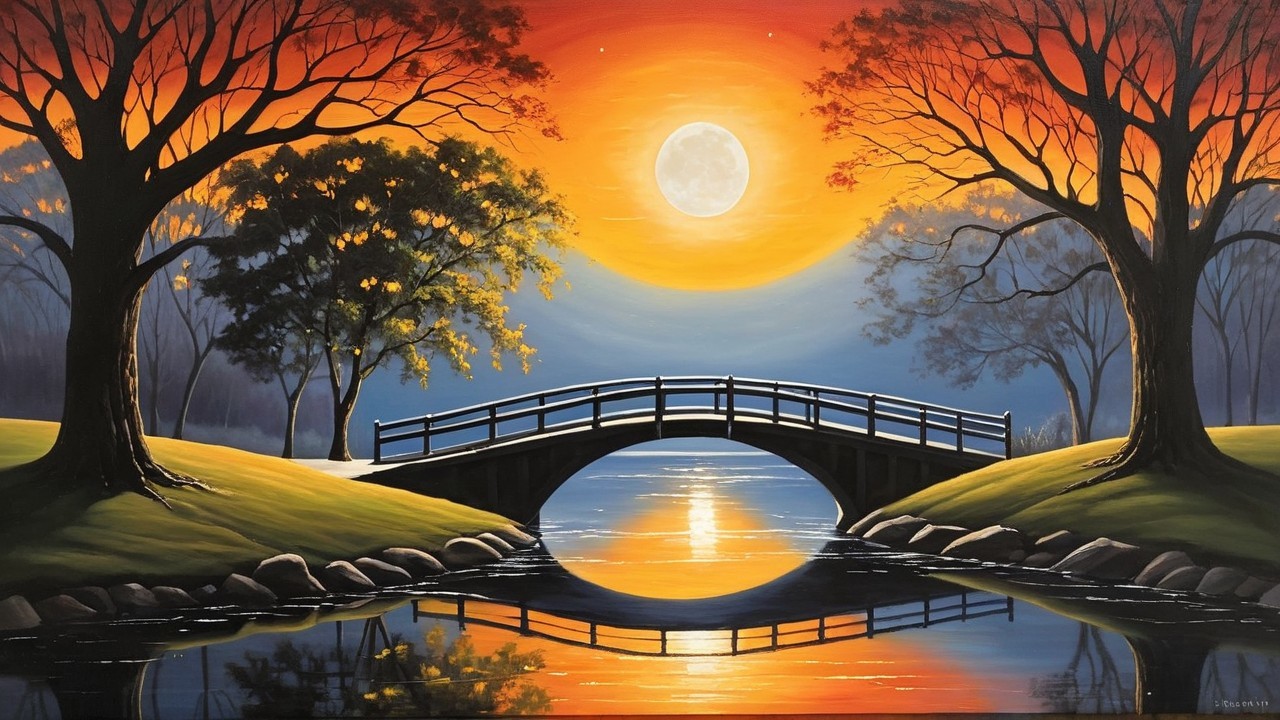Twilight Landscape with Bridge and Moonlit Reflections