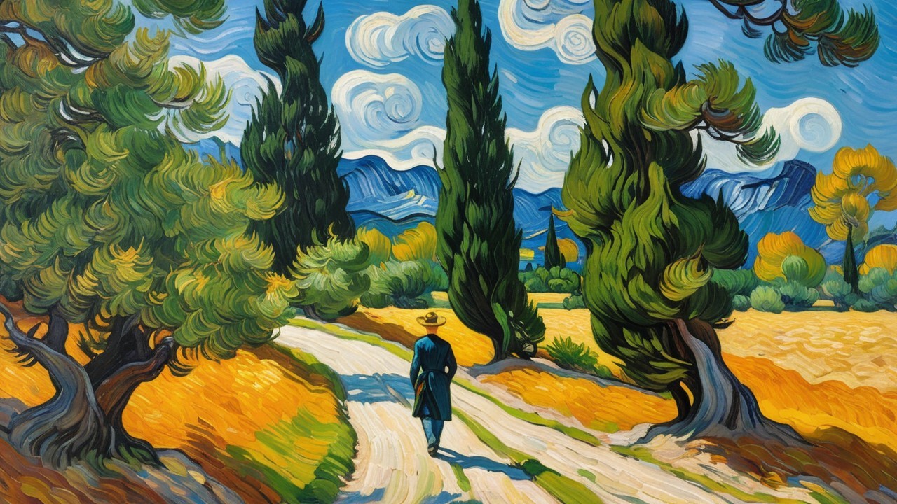 Winding Path Through Cypress Trees and Golden Fields