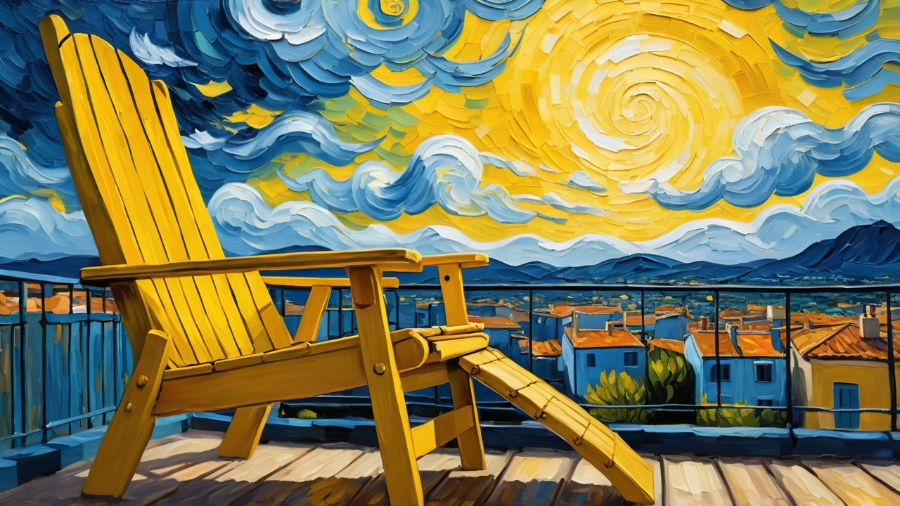 Large Yellow Adirondack Chair on Scenic Wooden Deck