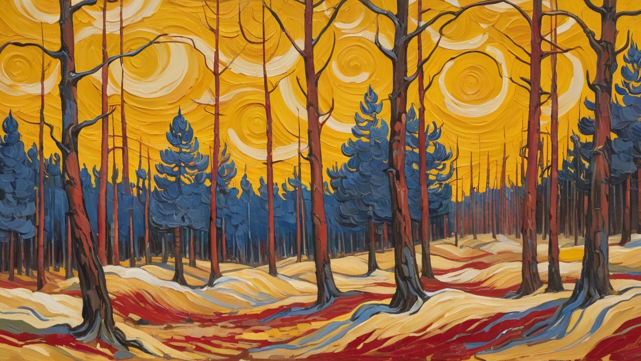 Impressionistic Forest Scene with Vivid Yellow Sky