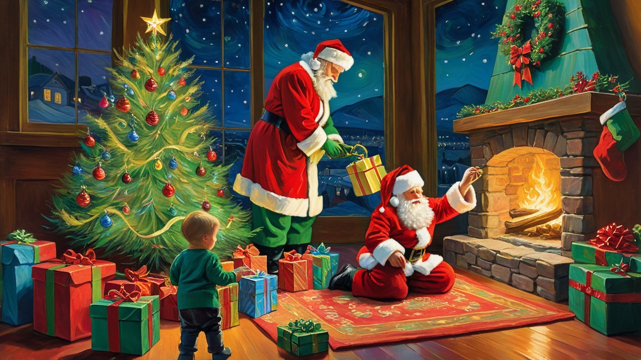 Christmas Scene with Santa Claus and a Little Boy