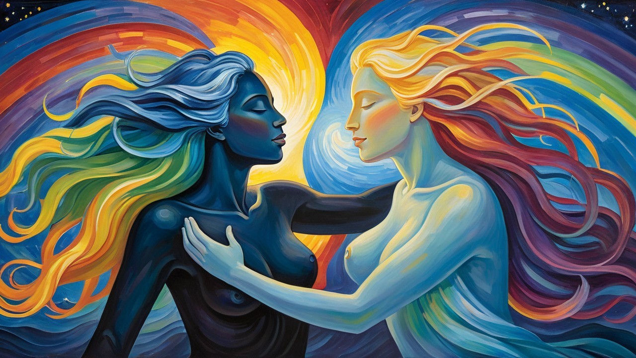 Figures with Colorful Hair in Cosmic Embrace