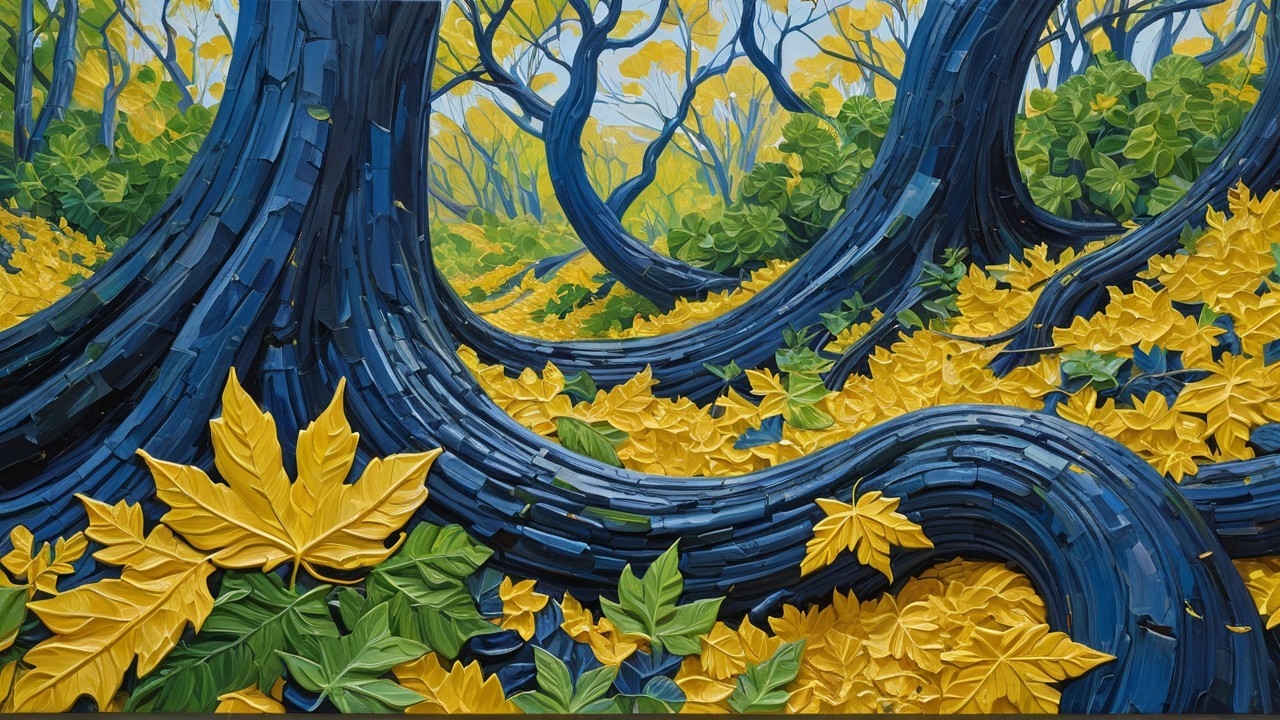 Vibrant forest scene with blue trunks and yellow leaves