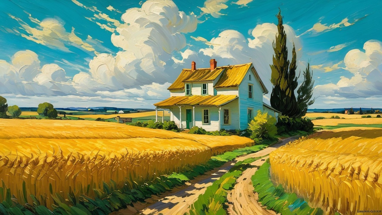 Charming Farmhouse Surrounded by Wheat Fields and Hills