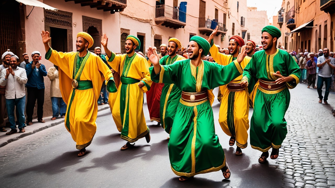 Vibrant street scene with men in traditional attire
