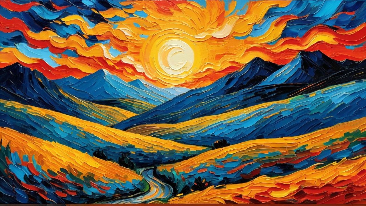 Vibrant Landscape with Golden Hills and Blue Mountains